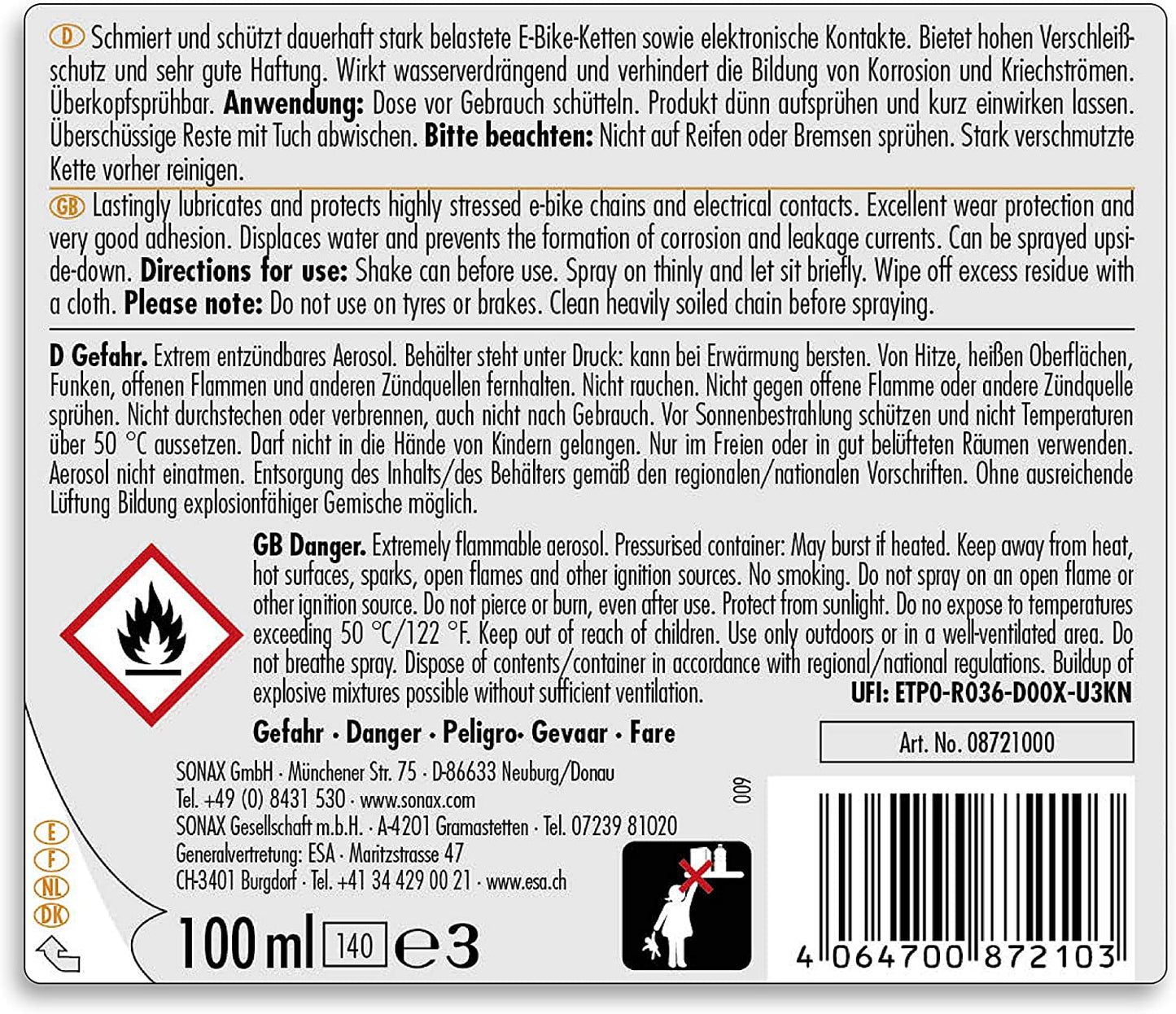 SONAX E-Bike Chain Lubricant Oil