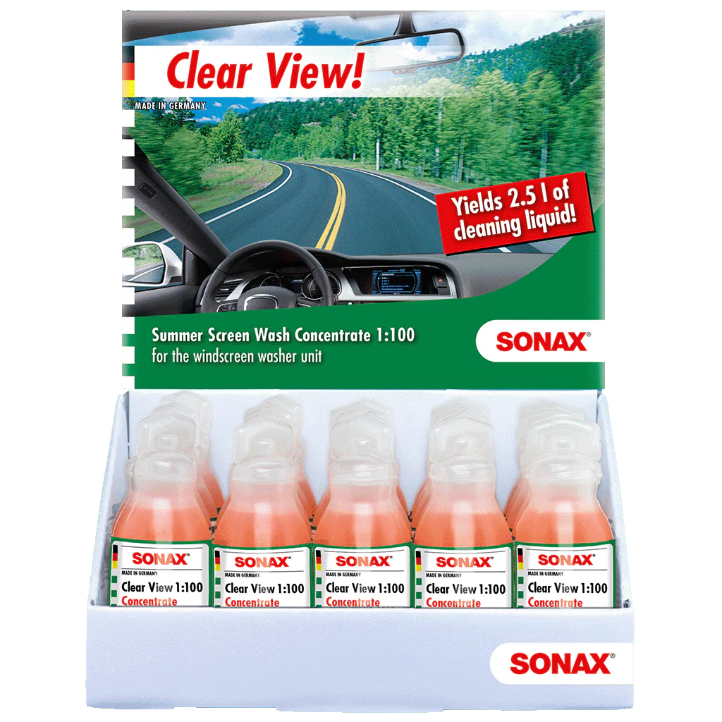 SONAX CLEAR VIEW 1:100 CONCENTRATE, CLEANING ADDITIVE FOR WINDSCREEN WASHER UNIT.