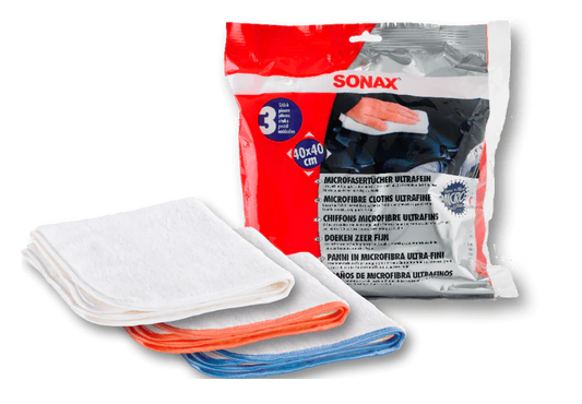 SONAX MICROFIBRE CLOTHS ULTRAFINE, SOFT AND ABSORBENT, 3 IN A PACK.